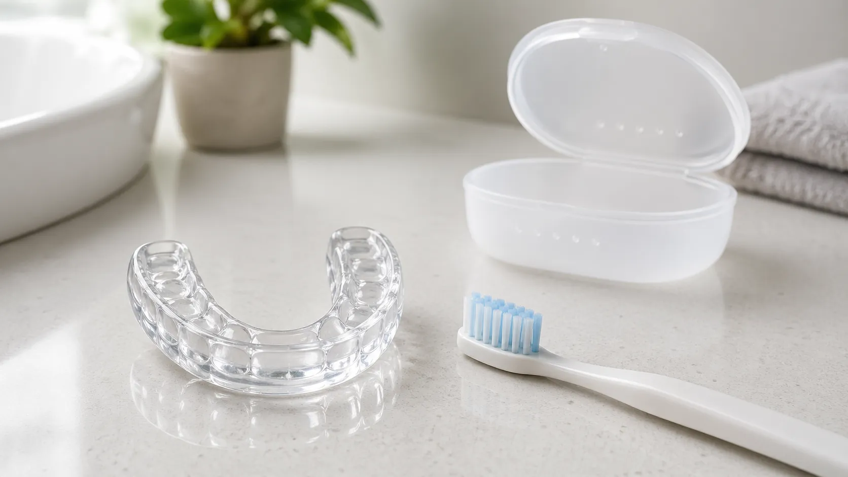 Clear dental mouth guard with case and toothbrush on a clean bathroom countertop.